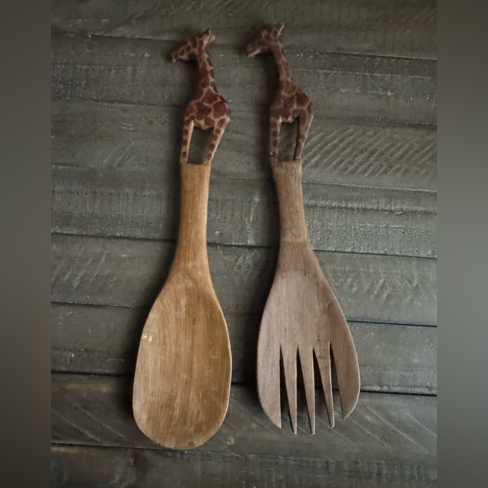 African Hardwood Teak Spoon Fork Spatula Giraffe Handle Salad Serving Set